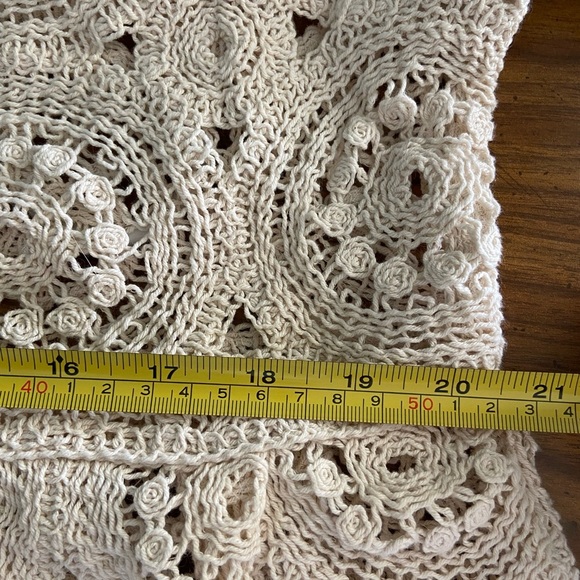 Vintage Solitaire XL Crocheted Knit Top Beige Circles Poplin Short Bubble Sleeve - Picture 9 of 11